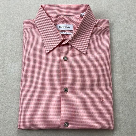 Calvin Klein Dress Shirt Mens 16.5 34/35 Pink Gingham Long Sleeve Button Down - Picture 1 of 12